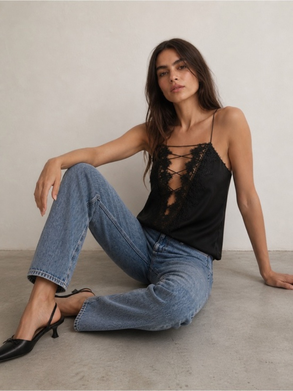 Cami nyc black silk Charlie 2 way wear crocheted lace  tank blouse